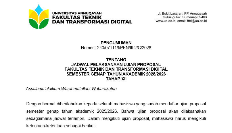 Jadwal Pelaksanaan Ujian Proposal Fakultas Teknik dan Transformasi Digital Semester Genap Tahun Akademik 2025/2026 Tahap XII